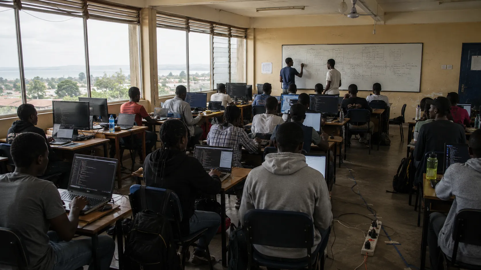 Illustrative visualisation: a crowded computer laboratory in a lakeside town, perhaps thirty students working at laptops and desktop machines on timber benches while two young men fill a whiteboard with a system diagram, a lake and low hills visible through the window wall