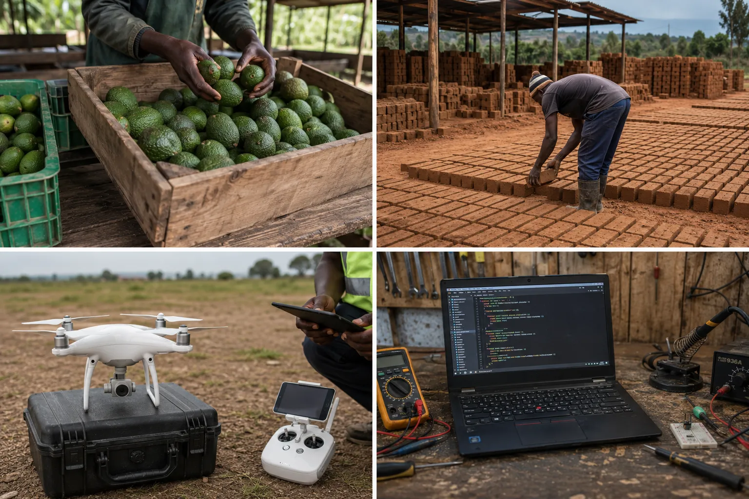 Illustrative visualisation: four panels — hands sorting avocados into a timber crate, a man laying moulded clay bricks out to dry under a pole shelter, a white quadcopter and its controller on a flight case in an open field, and a laptop showing code on a workbench beside a multimeter and a soldering station
