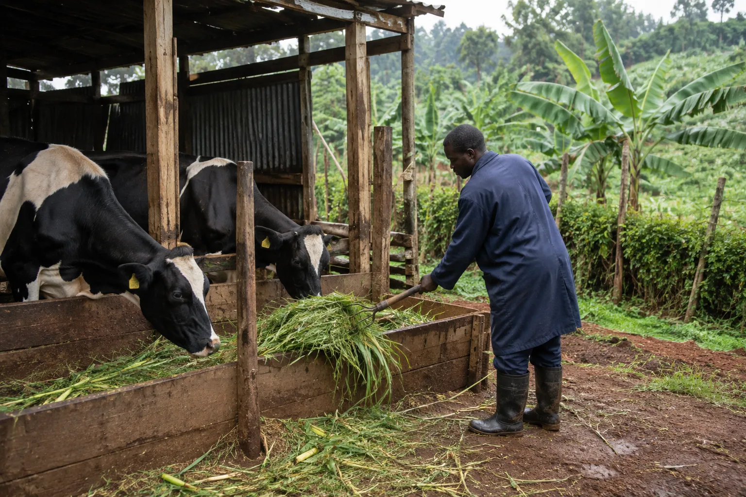 Illustrative visualisation: two dairy cows feeding at a timber trough under a corrugated iron shelter while a man in a blue coat and gumboots forks cut napier grass into the feed box, banana and tea cultivation on the slope behind