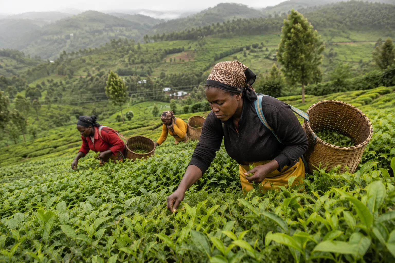 Illustrative visualisation: three women picking tea on a steep highland slope with woven baskets on their backs, ridges of tea and scattered eucalyptus receding into mist behind them