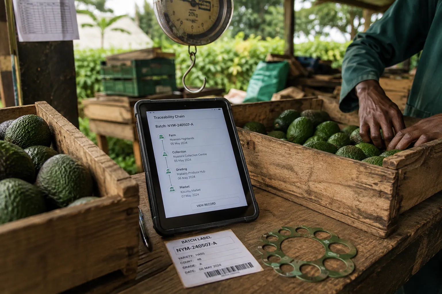 Illustrative visualisation: a grading bench under a shelter — a rugged tablet propped between two timber crates of avocados showing a four-step traceability chain from farm to market, a hanging spring balance above, a printed batch label and a metal sizing ring on the bench, and a graded hand reaching into the crate at the right