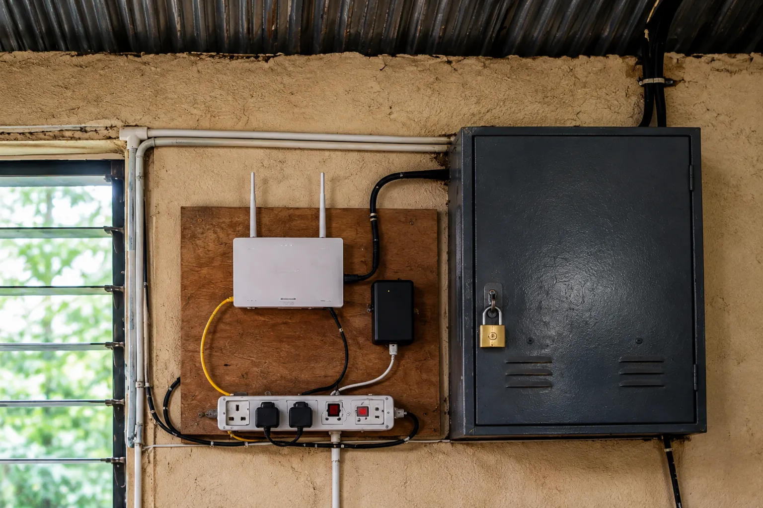 Illustrative visualisation: a rugged handheld device held in working hands against a metal shelving rack in a stock room, its screen angled away, with cardboard boxes, labelled bins and a paper ledger alongside