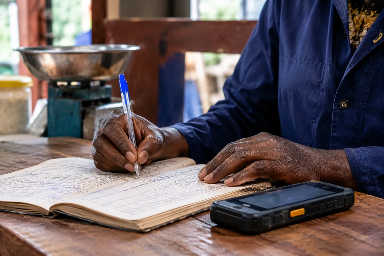 Illustrative visualisation: hands entering figures into a paper register on a worn wooden counter, a pen held mid-stroke and a handheld device face-down beside it, with a metal weighing scale out of focus behind