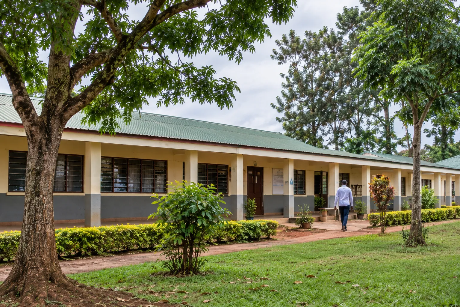 Illustrative visualisation: a modest concrete institutional building in western Kenya with louvred windows and a covered walkway, mature trees and a red earth path under an overcast sky